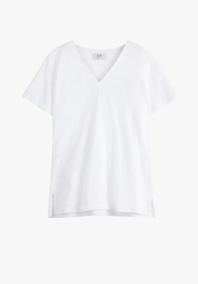 Hush Tops and Tshirts Women Cali Cotton Slub V Tee White Hush Tops and Tshirts Women Cali Cotton Slub V Tee White