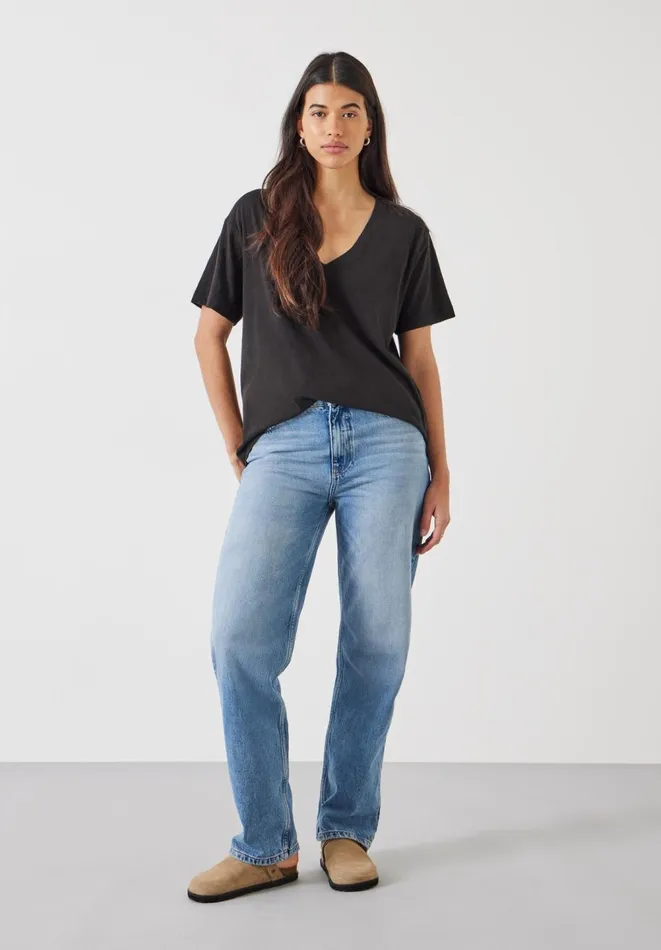 Hush Tops and Tshirts Women Linen Blend Deep V TShirt Black