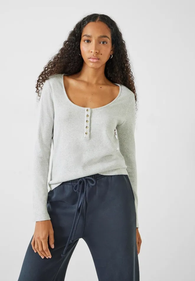 Hush Tops and Tshirts Women Long Sleeve Ribbed Henley TShirt Lightest Grey Marl Hush Tops and Tshirts Women Long Sleeve Ribbed Henley TShirt Lightest Grey Marl
