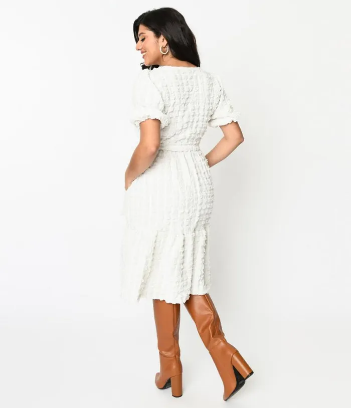 Ivory Textured Smock Fit and Flare Dress Dresses Unique Vintage Pocket Dresses