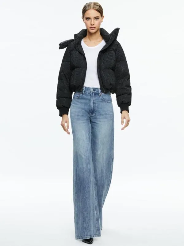 Jackets Coats Women Alice Olivia ROBENA CRYSTAL EMBELLISHED CROPPED PUFFER Black