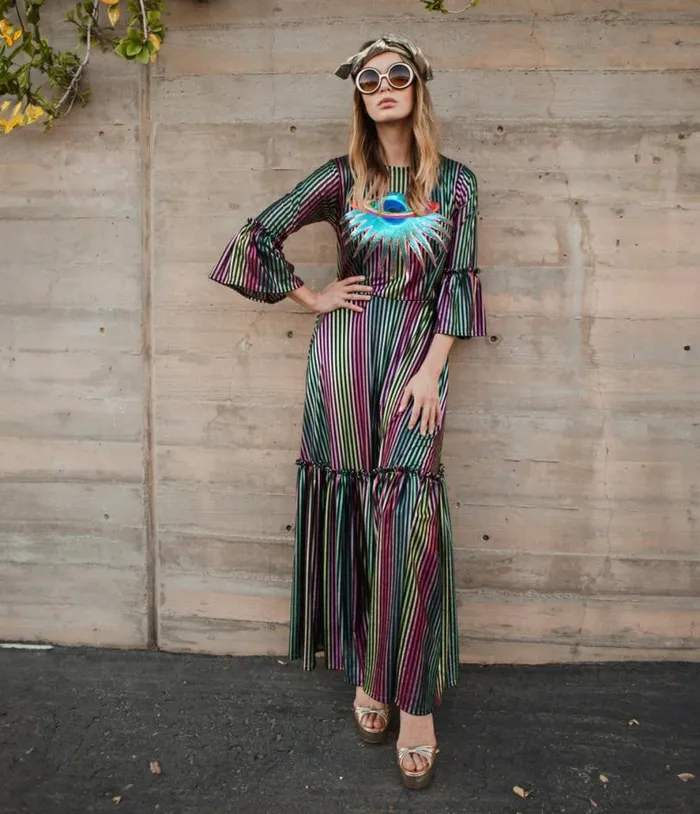 Jennafer Grace Iridescent Rainbow Stripe Planet Queen Carnivale Ruffle Dress Dresses Unique Vintage Maxi