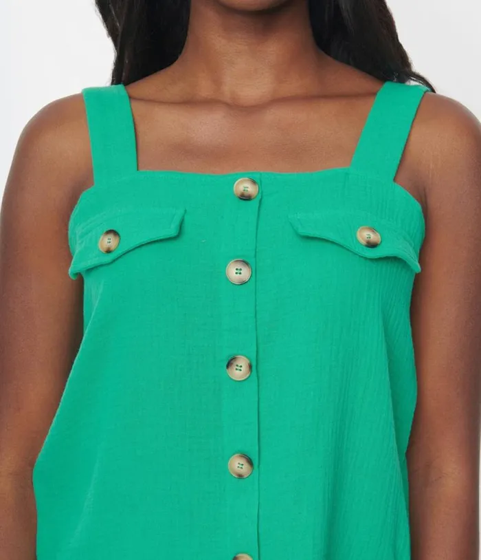 Kelly Green Faux Button Sleeveless Top Clothing Unique Vintage Blouses