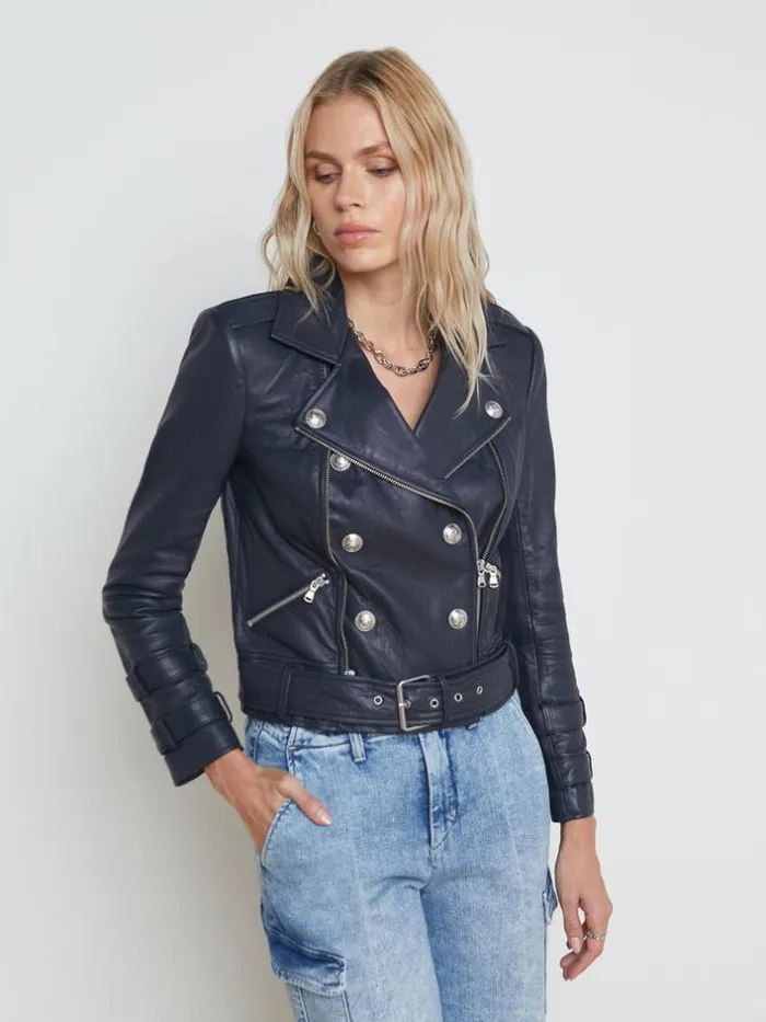 L039Agence Blazers and Jackets Women Billie Belted Leather Jacket Midnight