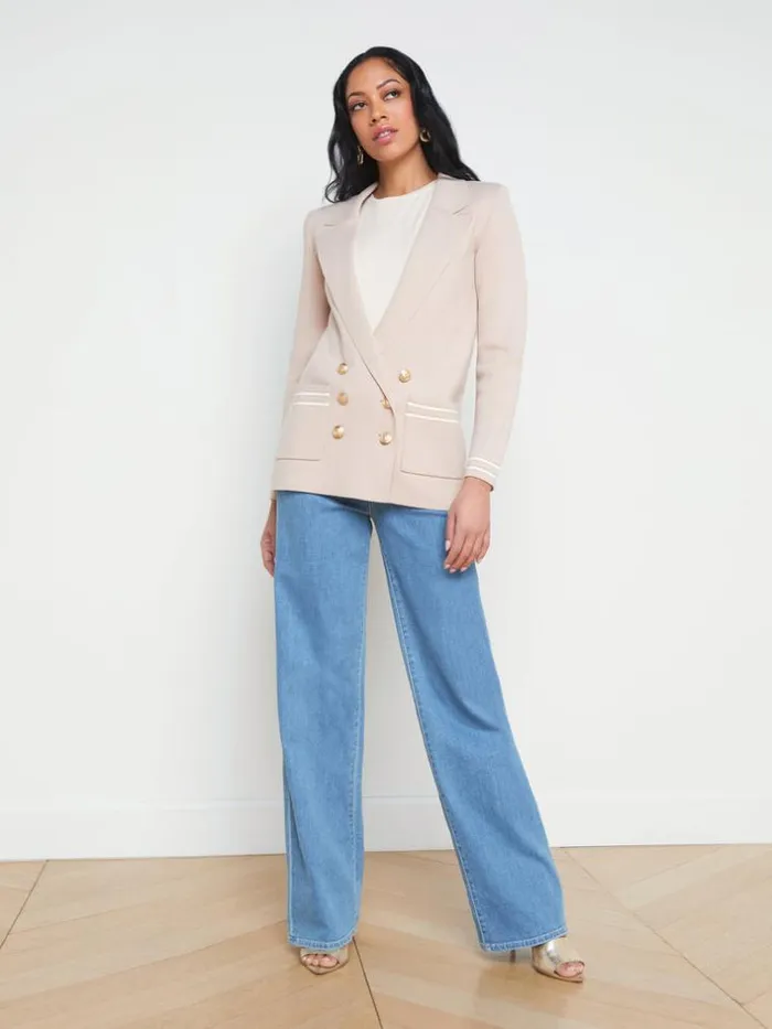 L039Agence Knitwear Women Eileen Knit Boyfriend Blazer Ash Rose With Ivorygold Stripe