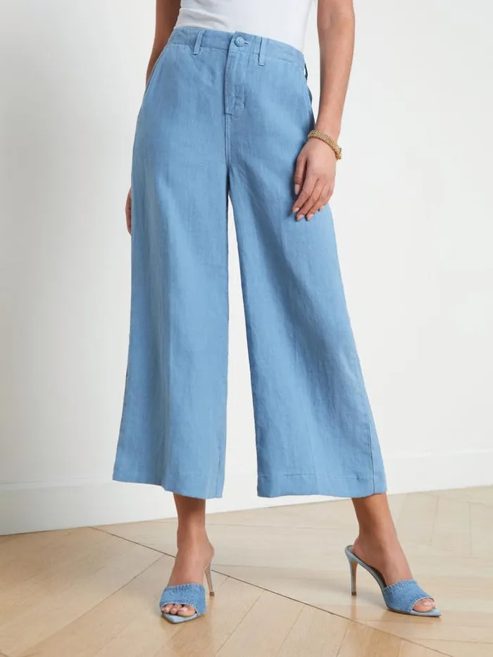 L039Agence Pants Shorts and Skirts Women Henderson Linen Cropped Pant Blue Mist