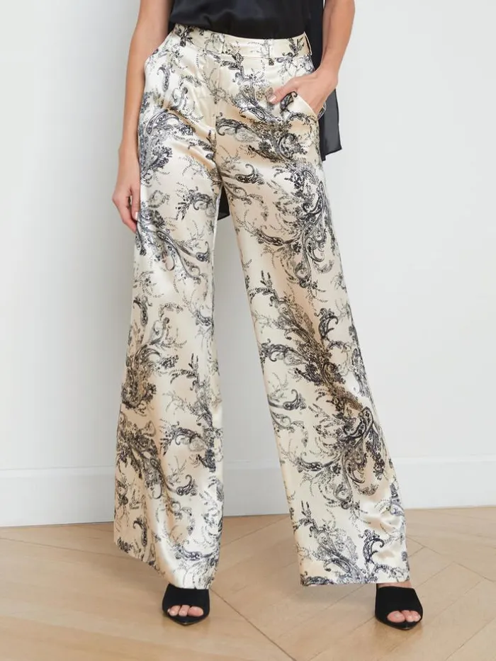 L039Agence Pants Shorts and Skirts Women Pilar Silk WideLeg Pant Ecrublack Sketch Paisley