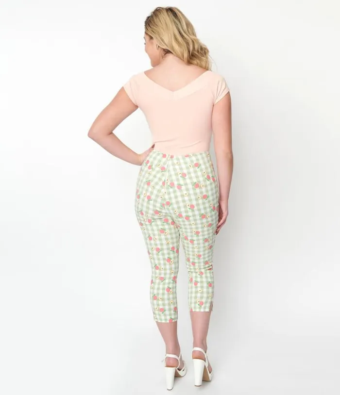 Light Green Gingham and Peaches Rachelle Capri Pants Clothing Unique Vintage Pants