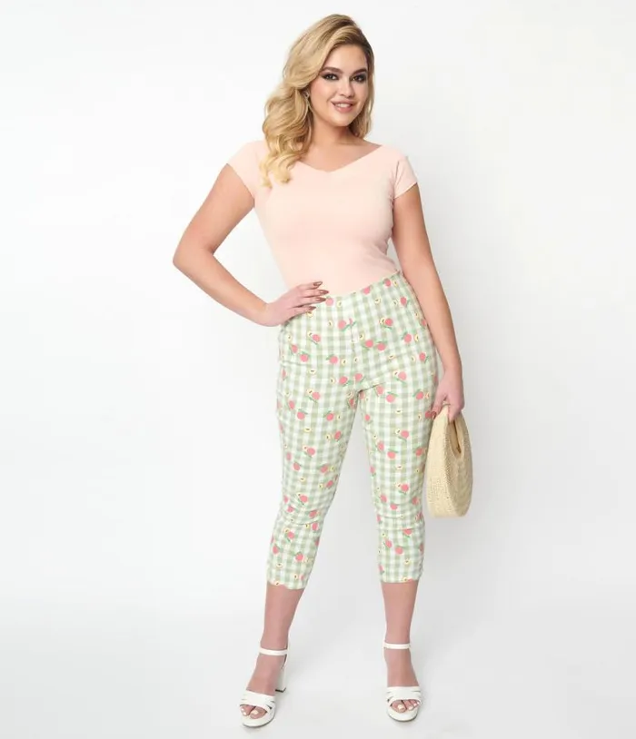 Light Green Gingham and Peaches Rachelle Capri Pants Clothing Unique Vintage Pants