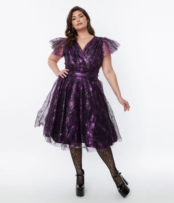 Magnolia Place Black and Purple Spider Web Midori Swing Dress DressesHalloweenPlus Unique Vintage Dresses Magnolia Place Black and Purple Spider Web Midori Swing Dress DressesHalloweenPlus Unique Vintage Dresses