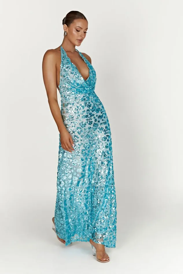 Meshki Bachelorette Women Nicola Plunge Neck Sequin Maxi Dress 8211 Powder Blue Powderblue