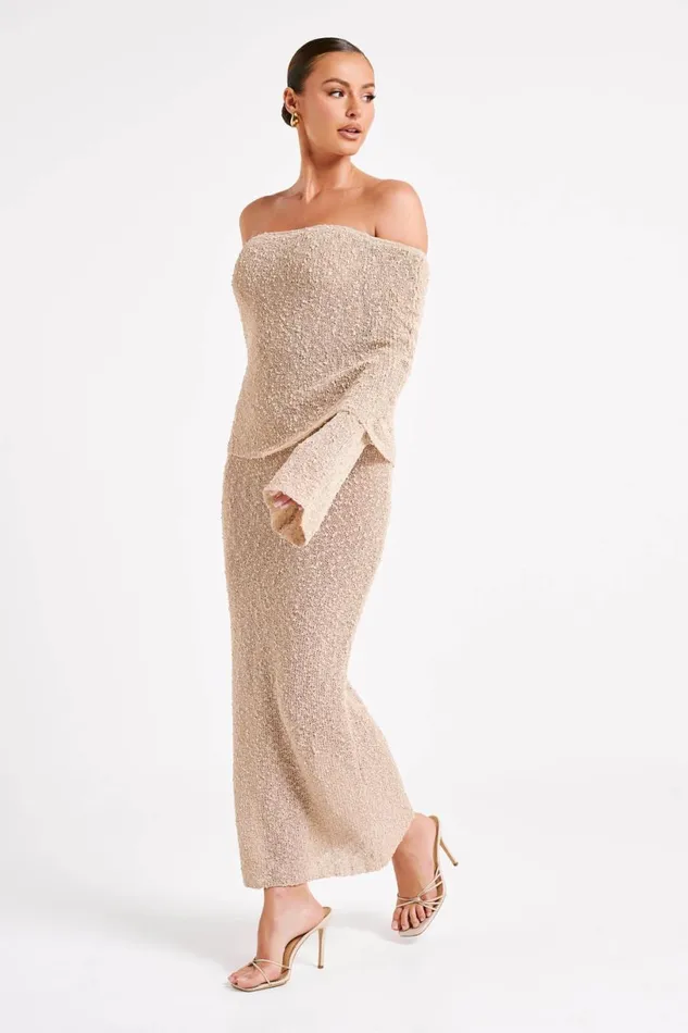Meshki Basic Dresses Women Marisol Off Shoulder Boucle Maxi Dress 8211 Wheat Wheat