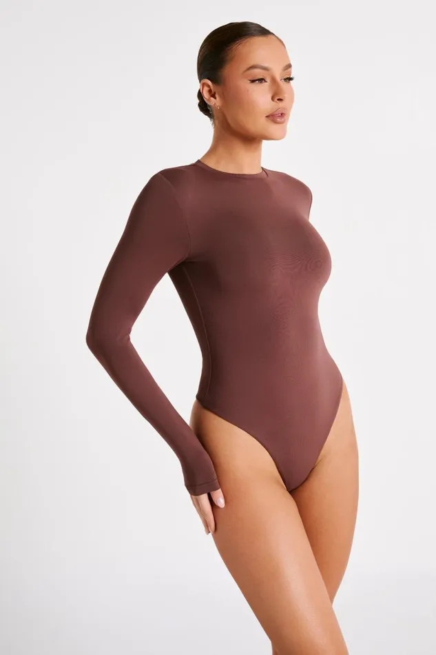 Meshki Basic Tops Women Delilah Recycled Nylon Long Sleeve Crew Neck Bodysuit 8211 Mocha Mocha Meshki Basic Tops Women Delilah Recycled Nylon Long Sleeve Crew Neck Bodysuit 8211 Mocha Mocha