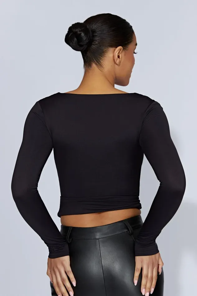 Meshki Basic Tops Women Heather Scooped Long Sleeve Top 8211 Black Black