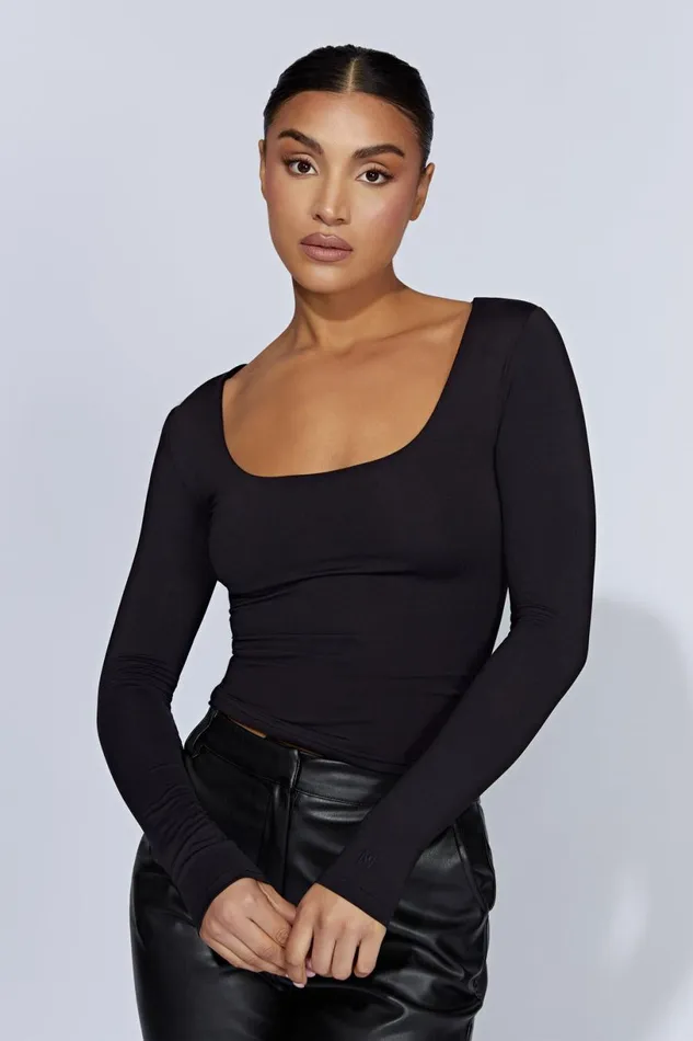 Meshki Basic Tops Women Heather Scooped Long Sleeve Top 8211 Black Black