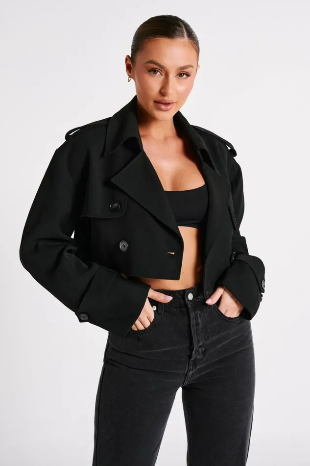 Meshki Coats and Jackets Women Palmer Cropped Trench Coat 8211 Black Black