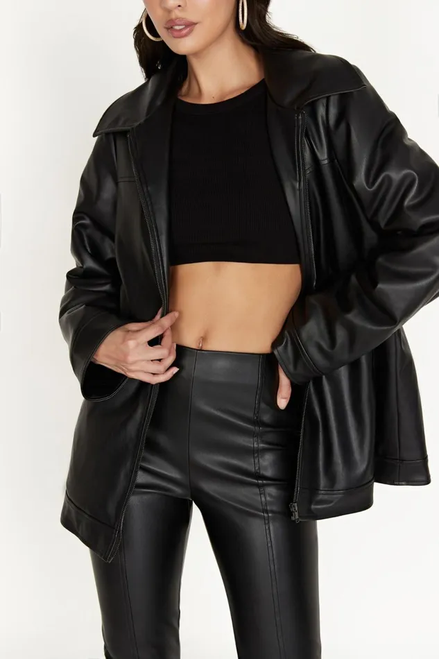 Meshki Coats and Jackets Women Savannah Faux Leather Aviator Jacket 8211 Black Black