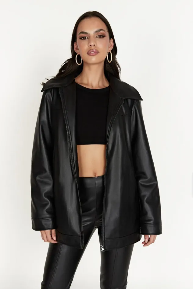 Meshki Coats and Jackets Women Savannah Faux Leather Aviator Jacket 8211 Black Black