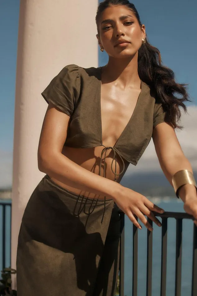 Meshki Crop Tops Women Fatima Linen Crop Top 8211 Khaki Khaki