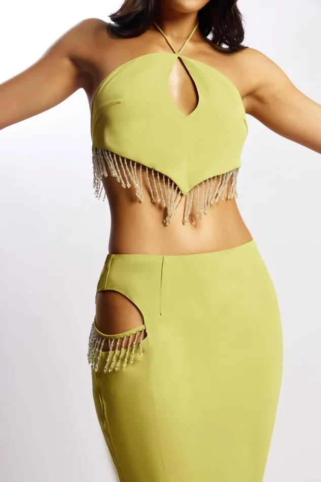 Meshki Crop Tops Women Jayleen Keyhole Triangle Halter Top With Fringe 8211 Chartreuse Chartreuse Meshki Crop Tops Women Jayleen Keyhole Triangle Halter Top With Fringe 8211 Chartreuse Chartreuse