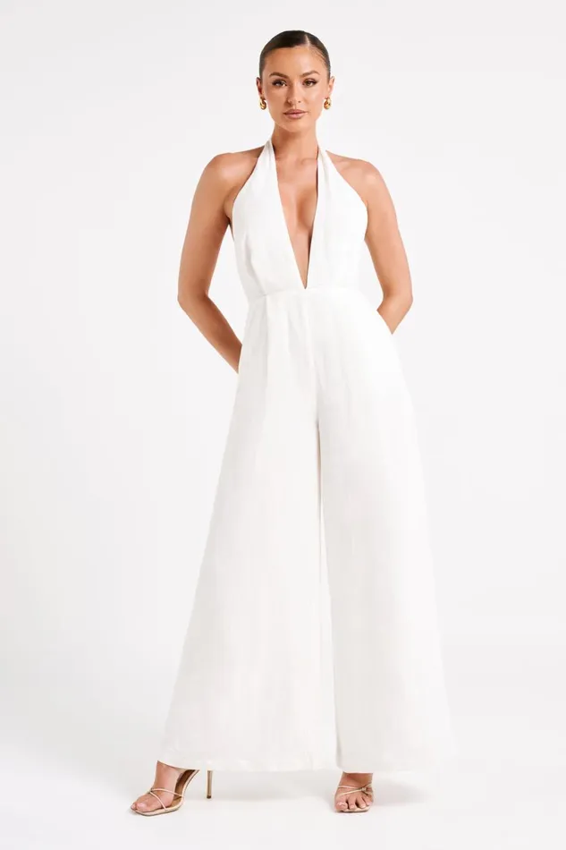 Meshki Jumpsuits and Rompers Women Blanca Linen Halter Jumpsuit 8211 White White Meshki Jumpsuits and Rompers Women Blanca Linen Halter Jumpsuit 8211 White White