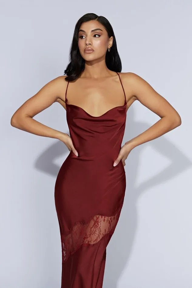 Meshki Maxi Dresses Women Chandra Lace Detail Satin Maxi Dress 8211 Cherry Chocolate Cherrychocolate