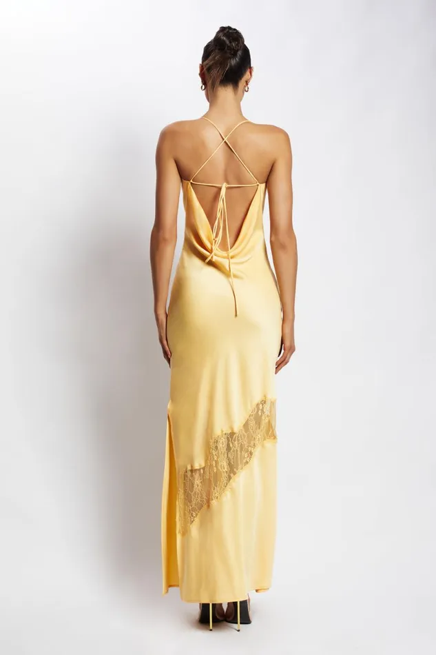 Meshki Maxi Dresses Women Chandra Lace Detail Satin Maxi Dress 8211 Lemon Lemon