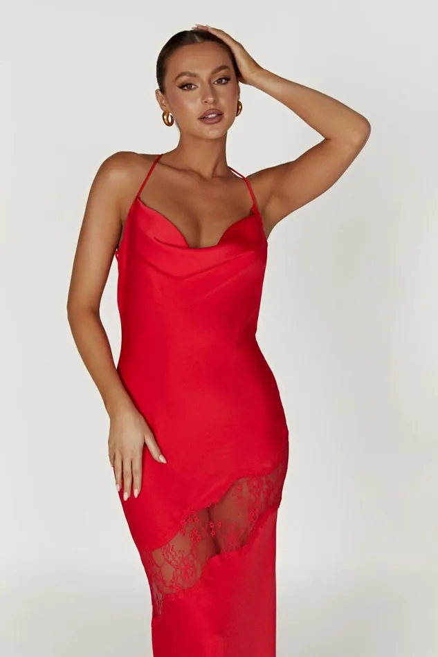Meshki Maxi Dresses Women Chandra Lace Detail Satin Maxi Dress 8211 Red Red