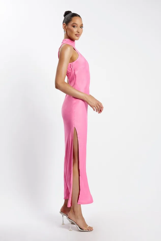 Meshki Maxi Dresses Women Claire Satin Drape Back Maxi Dress With Split 8211 Pink Pink