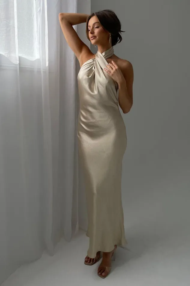 Meshki Maxi Dresses Women Laura Halter Satin Gown 8211 Gold Gold
