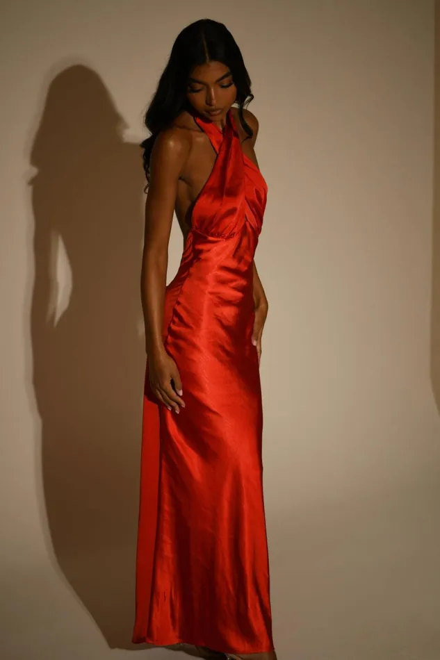 Meshki Maxi Dresses Women Marvelle Satin Halter Maxi Dress 8211 Vermilion Red Vermilionred