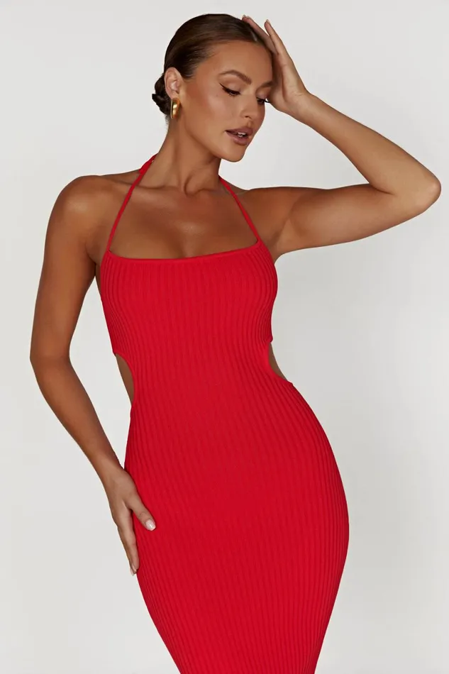 Meshki Midi Dresses Women Morgan Halter Knit Midi Dress 8211 Red Red
