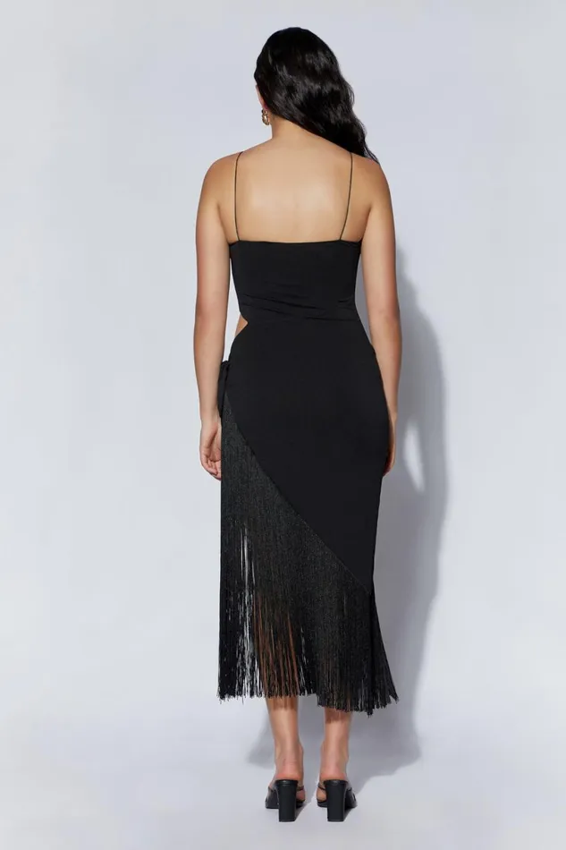 Meshki Midi Dresses Women Yasmin Wrap Over Midi Dress With Fringing 8211 Black Black Meshki Midi Dresses Women Yasmin Wrap Over Midi Dress With Fringing 8211 Black Black
