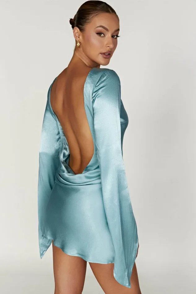 Meshki Mini Dresses Women Davina Satin Long Sleeve Mini Dress 8211 Powder Blue Powderblue