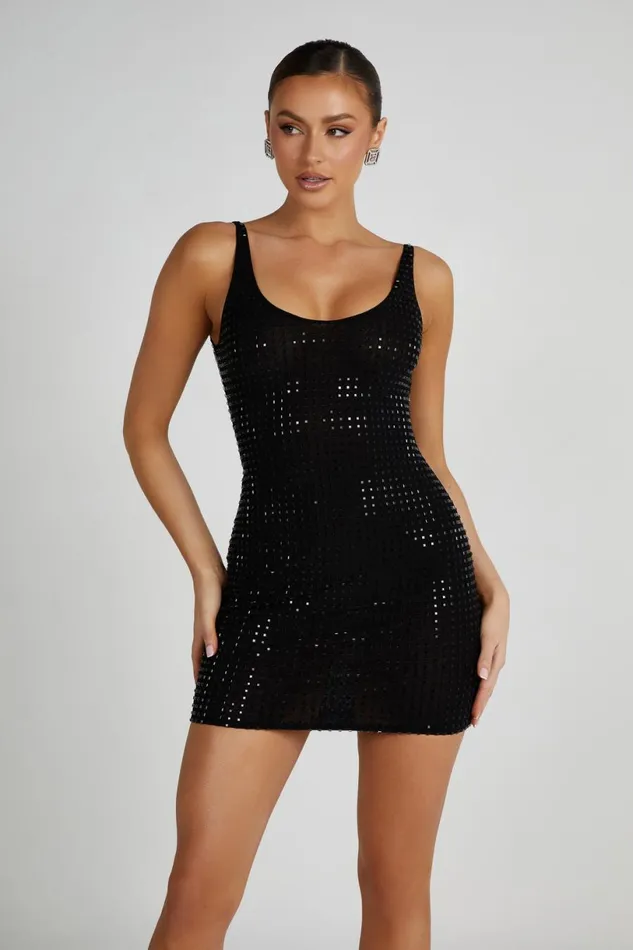 Meshki Mini Dresses Women Presley Square Diamante Mini Dress 8211 Black Black