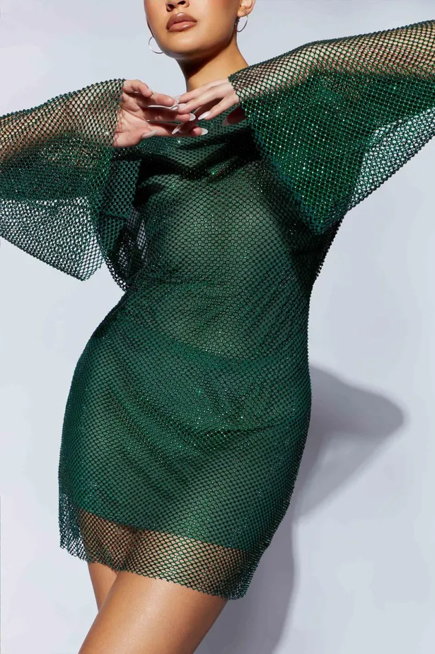 Meshki Mini Dresses Women Samira Flare Sleeve Diamante Mesh Mini Dress 8211 Emerald Emerald