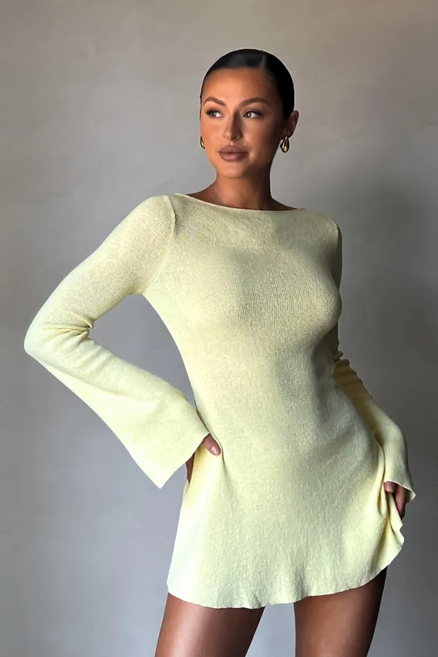 Meshki Mini Dresses Women Zahra Long Sleeve Open Back Mini Knit Dress 8211 Lemon Lemon