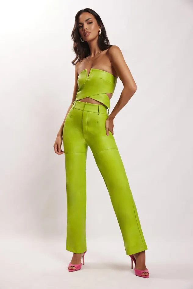 Meshki Pants Women Sima Faux Leather High Waist Pants 8211 Lime Green Limegreen