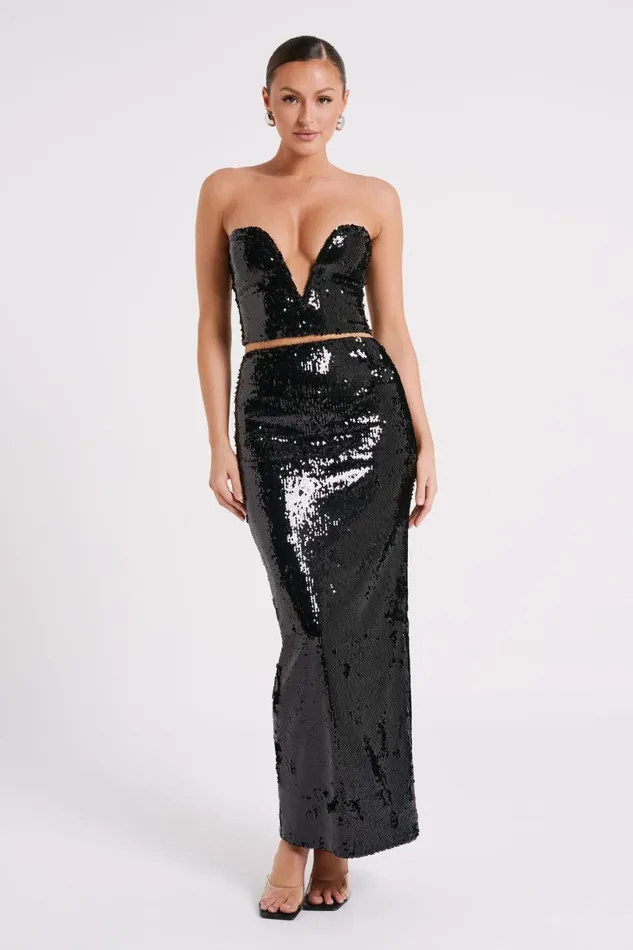 Meshki Sleeveless Tops Women Zariah Strapless Sequin V Corset 8211 Black Black