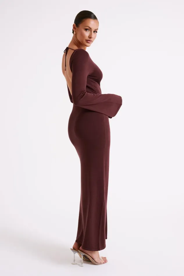 Meshki Summer Dresses Women Marleigh Flare Sleeve Knit Maxi Dress 8211 Dark Chocolate Darkchocolate