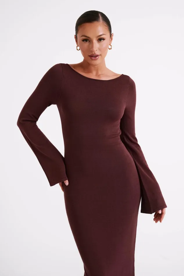 Meshki Summer Dresses Women Marleigh Flare Sleeve Knit Maxi Dress 8211 Dark Chocolate Darkchocolate