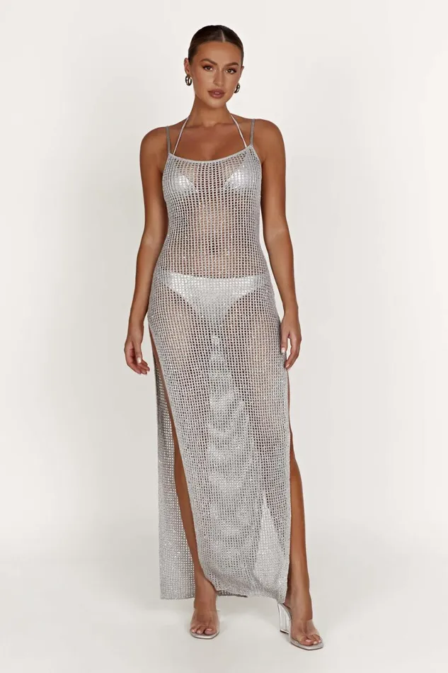 Meshki Summer Dresses Women Zelda Sequin Crochet Maxi Dress 8211 Silver Silver Meshki Summer Dresses Women Zelda Sequin Crochet Maxi Dress 8211 Silver Silver