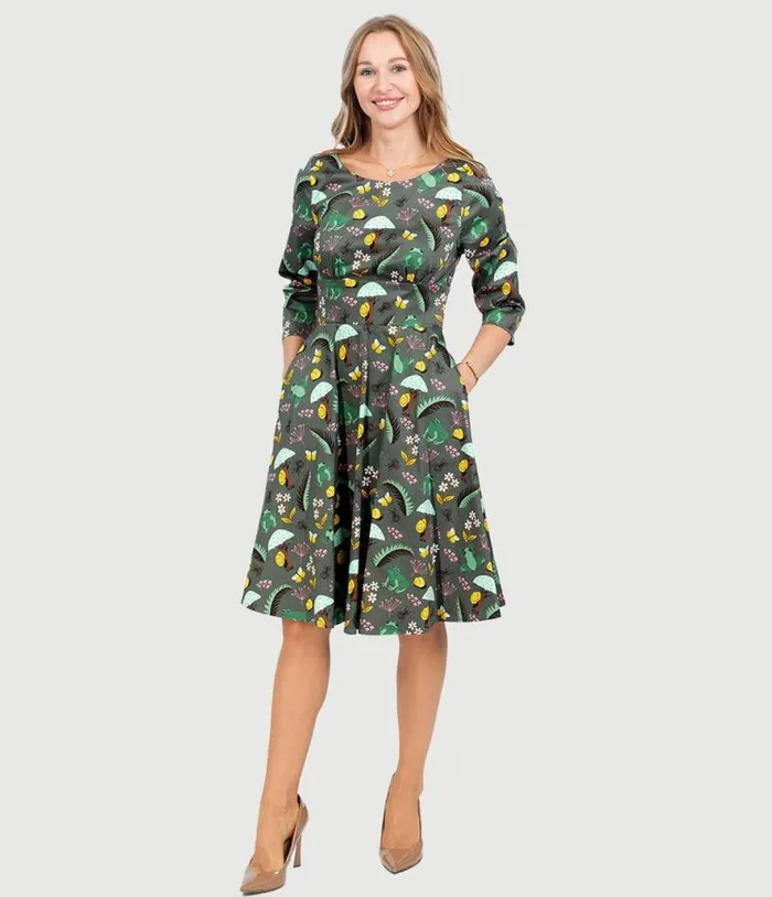 Olive Green and Rain Forest Print Fit and Flare Dress Dresses Unique Vintage Swing Olive Green and Rain Forest Print Fit and Flare Dress Dresses Unique Vintage Swing