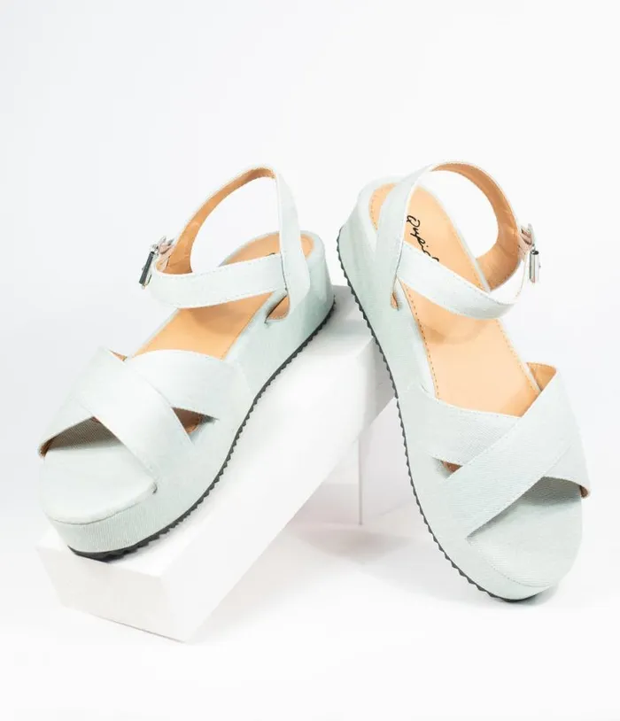 Pale Blue Denim Cross Strap Platform Keliko Sandals Shoes Unique Vintage Flats