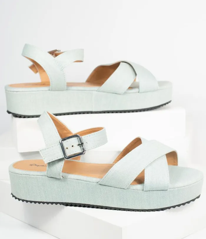 Pale Blue Denim Cross Strap Platform Keliko Sandals Shoes Unique Vintage Flats