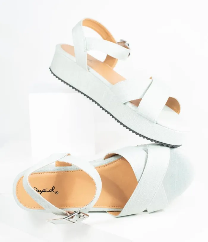 Pale Blue Denim Cross Strap Platform Keliko Sandals Shoes Unique Vintage Flats
