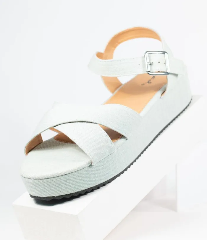 Pale Blue Denim Cross Strap Platform Keliko Sandals Shoes Unique Vintage Flats