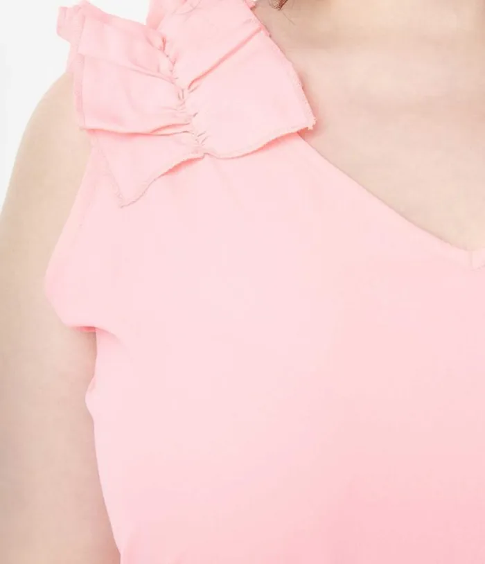Pink Sleeveless Ruffled Trim Top Clothing Unique Vintage Blouses