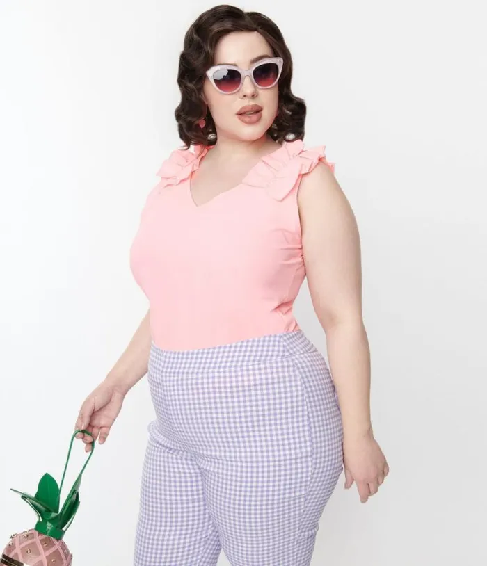 Pink Sleeveless Ruffled Trim Top Clothing Unique Vintage Blouses
