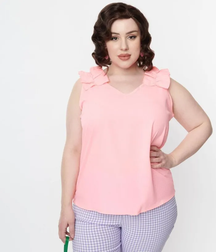 Pink Sleeveless Ruffled Trim Top Clothing Unique Vintage Blouses